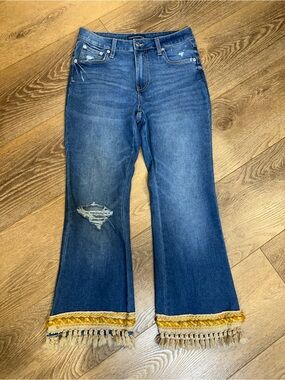 Distressed high rise crop flare jeans with custom tassel fringe hem sz 8 | boho